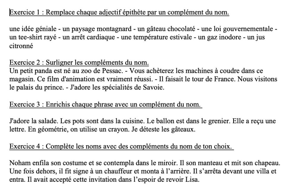 Exercices sur les compléments du nom