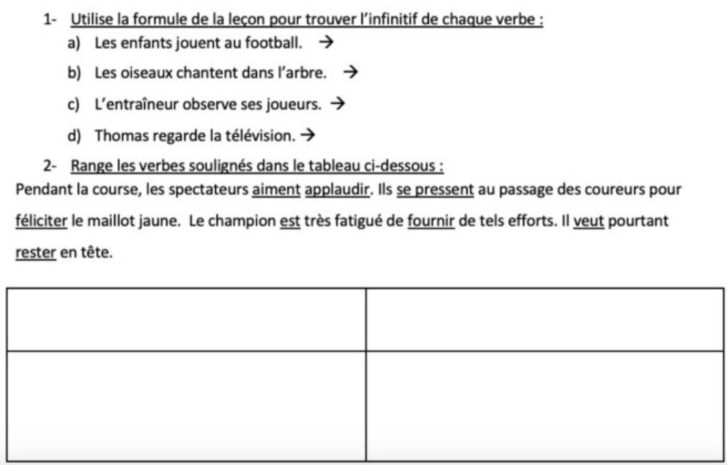 Exercice sur les verbes à l'infinitif