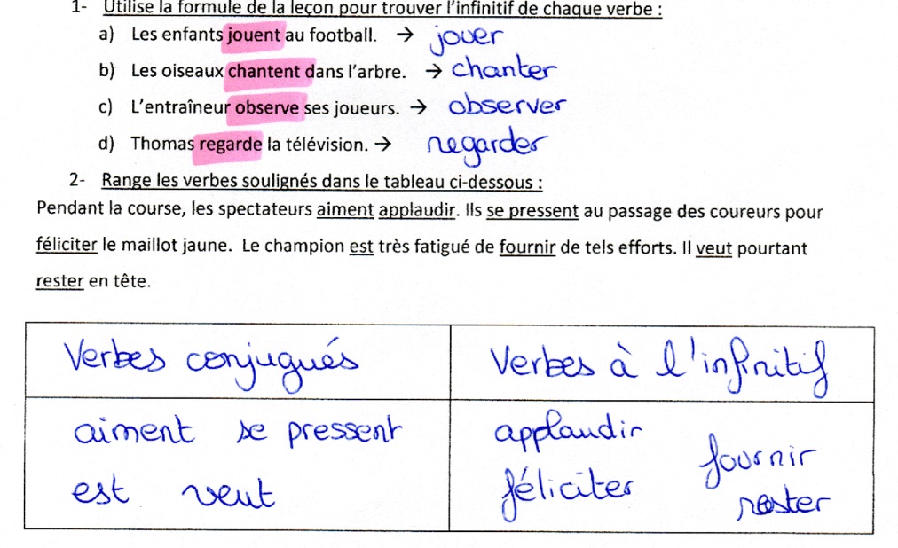 Correction des exercices sur les verbes à l'infinitif