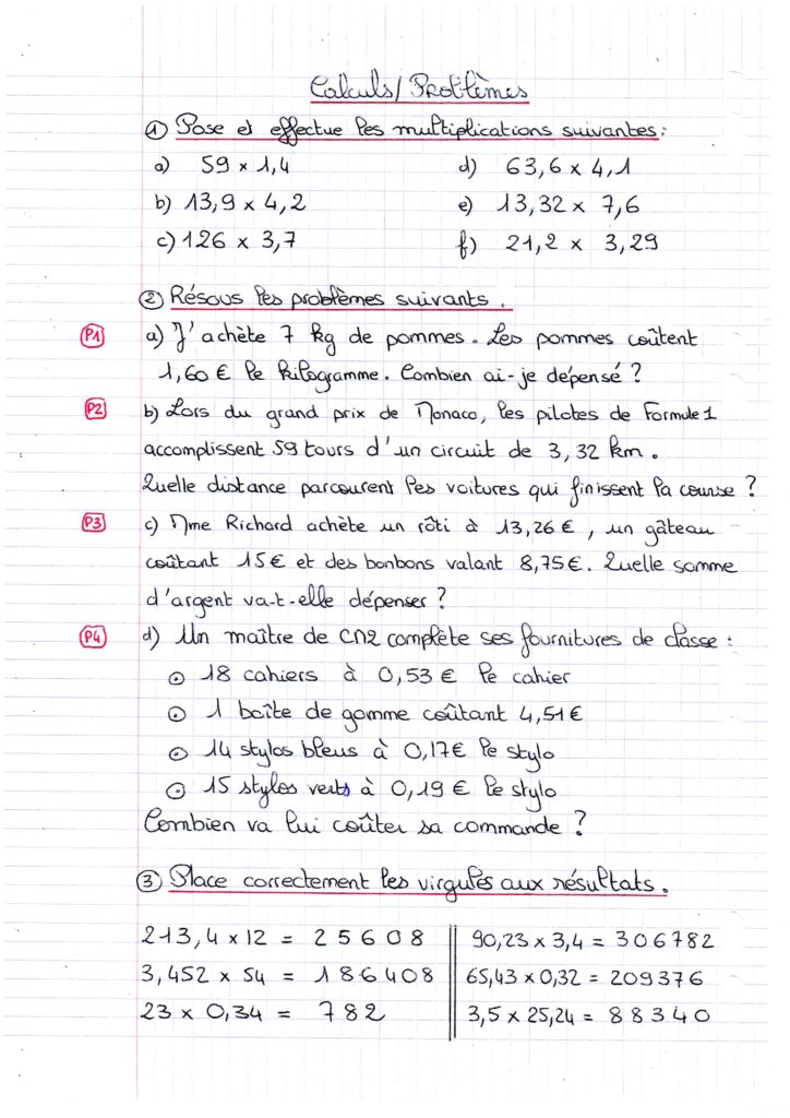 Exercices multiplication décimale