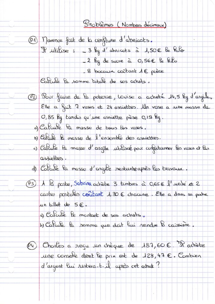 problèmes sur les nombres décimaux