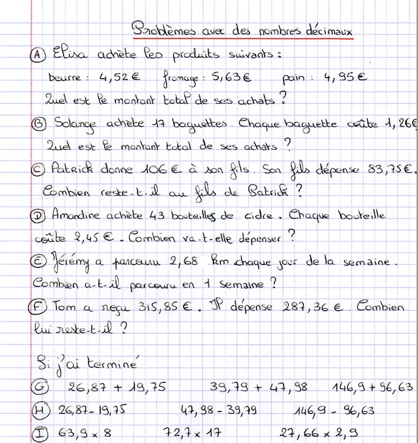 Problèmes nombres décimaux