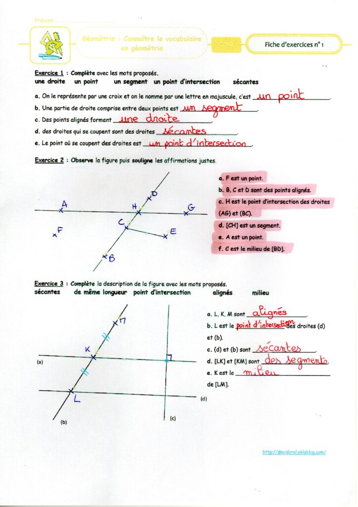 Correction des exercices de vocabulaire géométrique