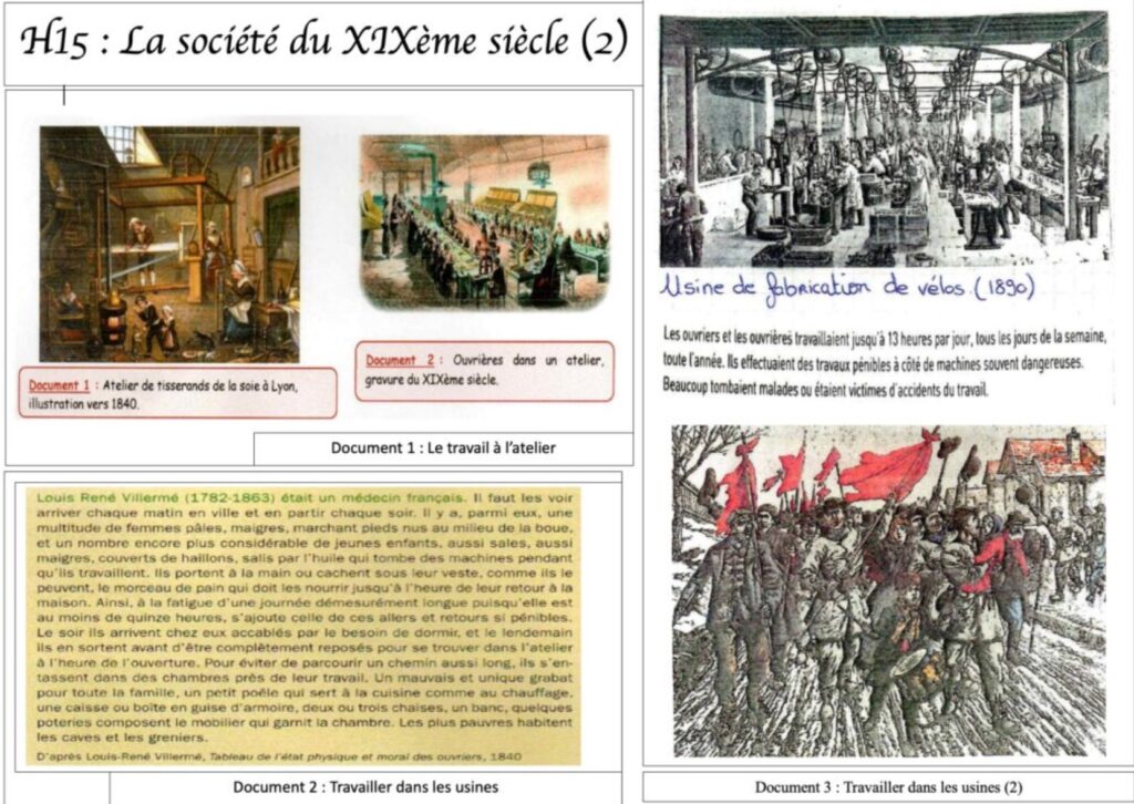 documents sur le travai; dans les usines dans la société du XIXème siècle