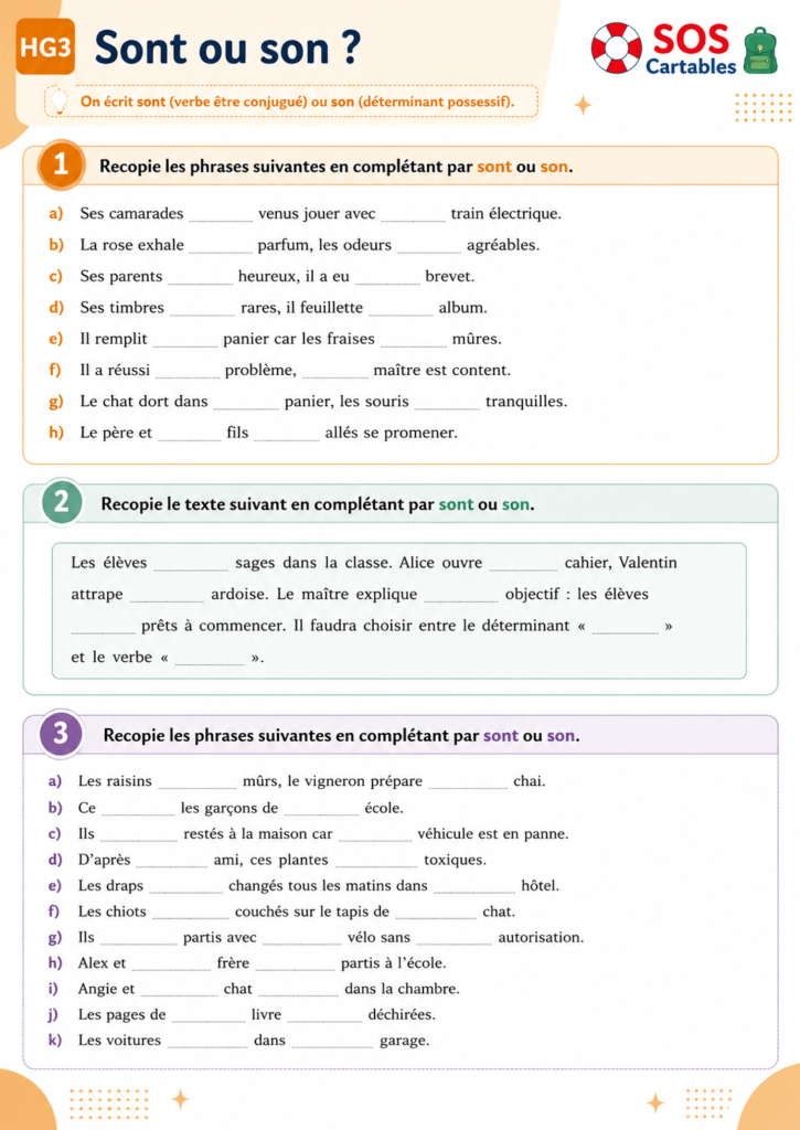 exercices homophones son et sont CM1 CM2 - fiche 1