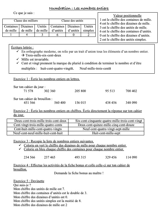 Lecture et écriture des nombres entiers