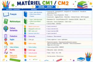 Lire la suite à propos de l’article Organisation du matériel CM1 CM2 2026-2027