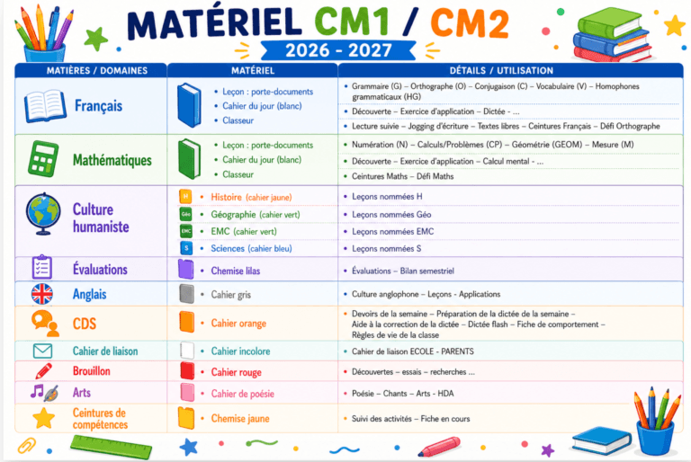 Organisation du matériel CM1 CM2 2026-2027