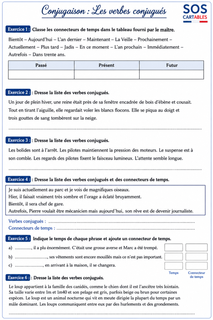 Les verbes conjugués : les exercices CM1 CM2 à télécharger ! 3 Exercice d'application pour repérer les verbes conjugués