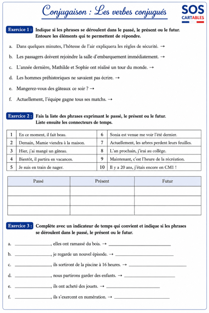 Les verbes conjugués : les exercices CM1 CM2 à télécharger ! 5 Exercices complémentaires sur les verbes conjugués et les connecteurs de temps