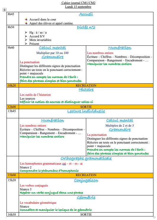 Cahier journal CM1-CM2 J9 du Lundi 15 septembre 2025