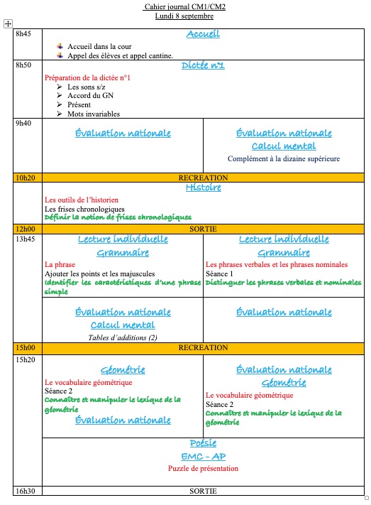 Cahier journal CM1-CM2 J5 du Lundi 8 septembre 2025