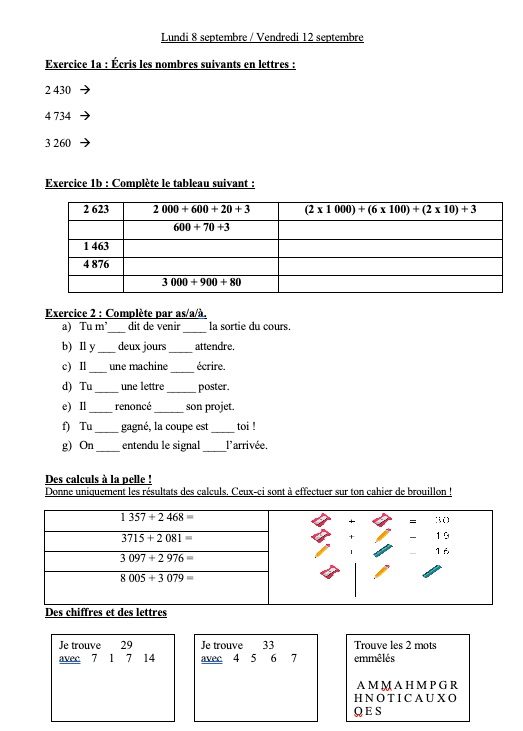 Devoirs du 8 au 12 septembre