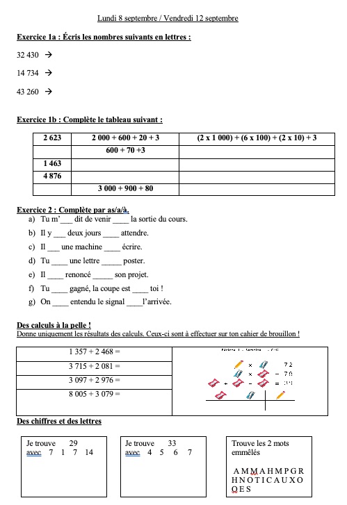 Devoirs du 8 au 12 septembre