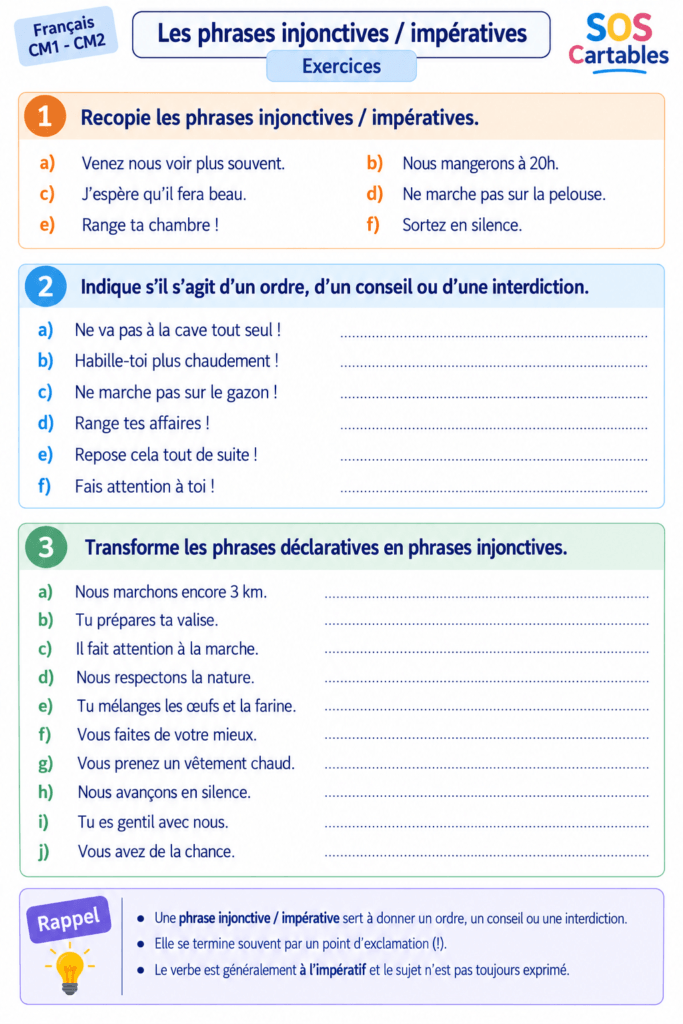 exercices phrases impératives CM1 CM2 ordre conseil interdiction