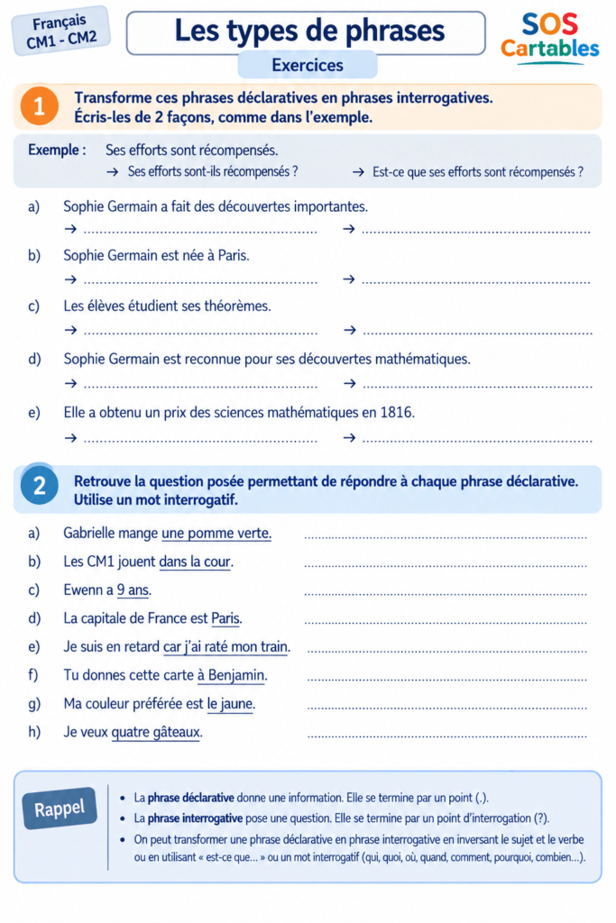 Phrases interrogatives CM1 CM2 : exercices corrigés gratuits avec mots interrogatifs 7 phrases interrogatives CM1 CM2,construire une phrase interrogative,mots interrogatifs CM1 CM2,mot interrogatif
