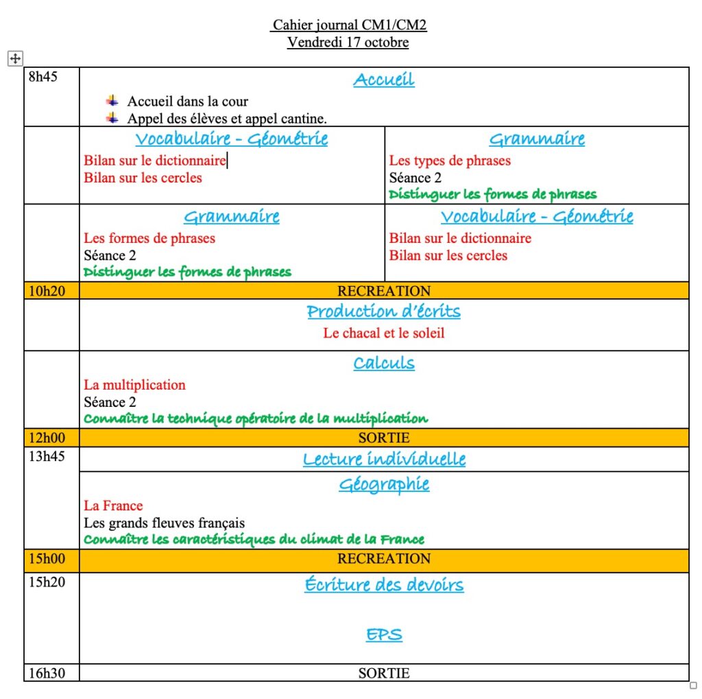 Mon année en CM1-CM2 J28 Vendredi 17 octobre 2025 + Devoirs 2 Mon année en CM1-CM2 J28