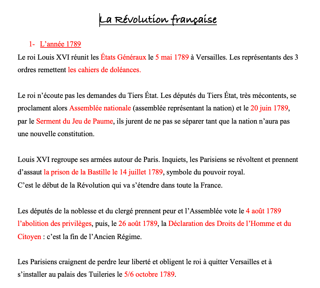 Révolution française : leçon, quiz et 6 dates clés 2 Trace écrite de la leçon sur la Révolution française CM2