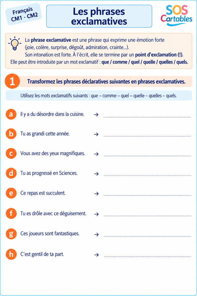 exercices transformer phrases exclamatives CM1 CM2 fiche 2
