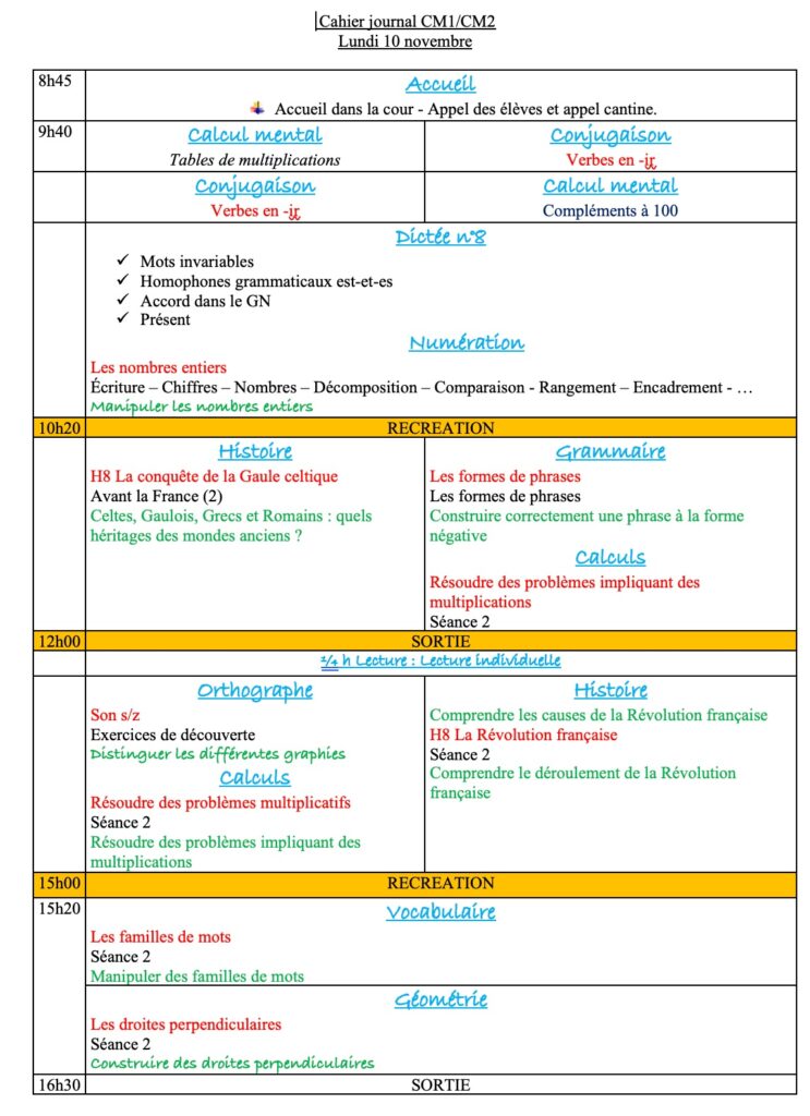 Lundi 10 novembre : progression CM1 CM2 Semaine 9