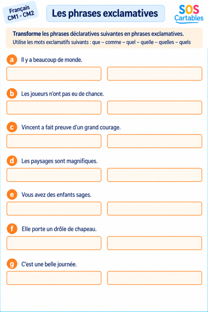 exercices phrases exclamatives CM1 CM2 fiche 1 mots exclamatifs quel comme que