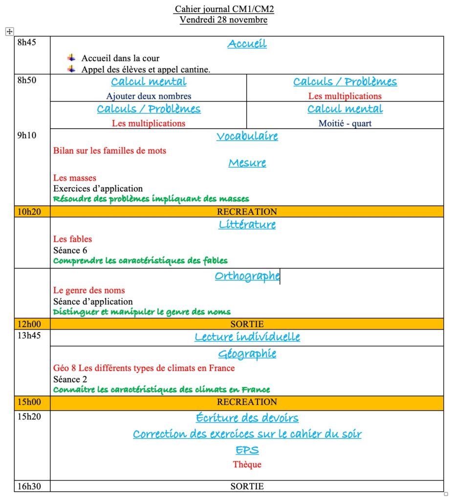 progression CM1 CM2 Semaine 11,cahier journal