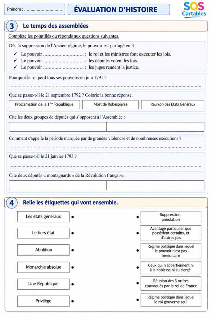 Évaluation Révolution française CM2 partie 2