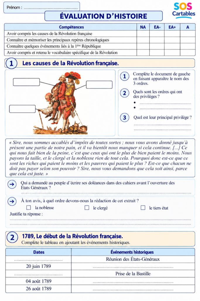 Évaluation Révolution française CM2 partie 1