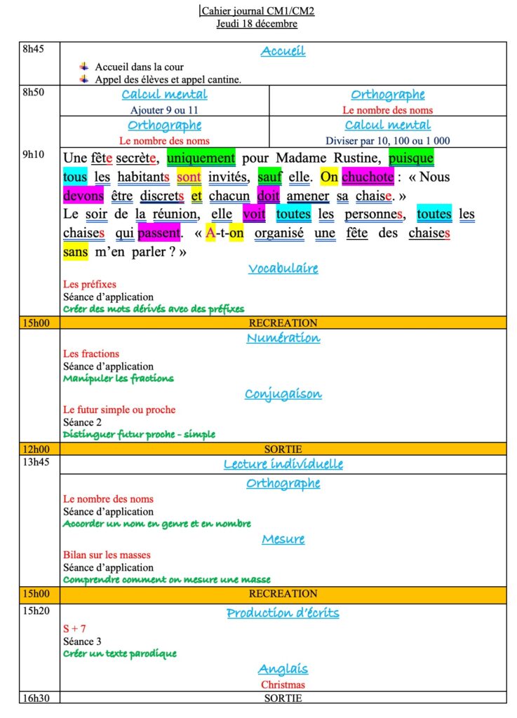 Jeudi 18 décembre : progression CM1 CM2 Semaine 14