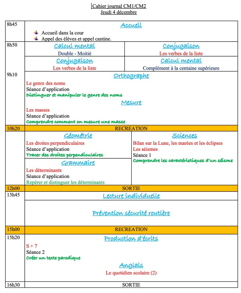 progression CM1 CM2 Semaine 12,cahier journal