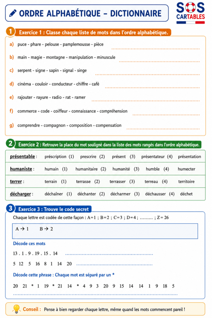 Exercices supplémentaires sur l'ordre alphabétique CM1-CM2