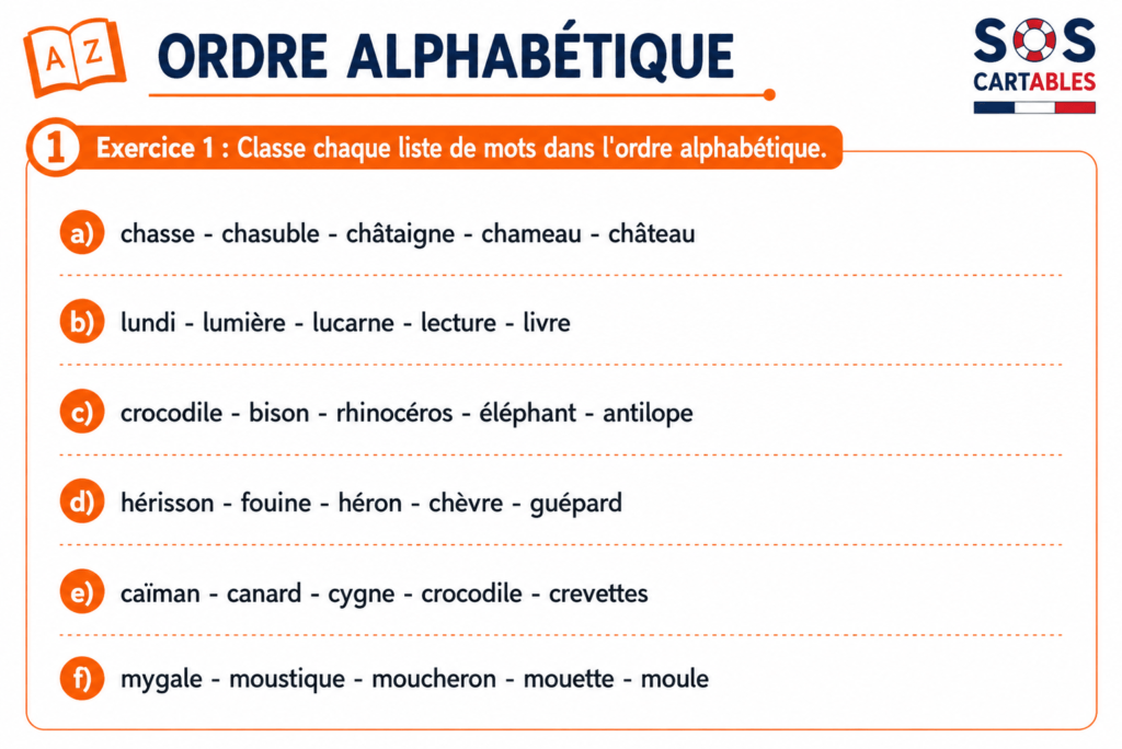 Exercice sur l'ordre alphabétique, fiche 3
