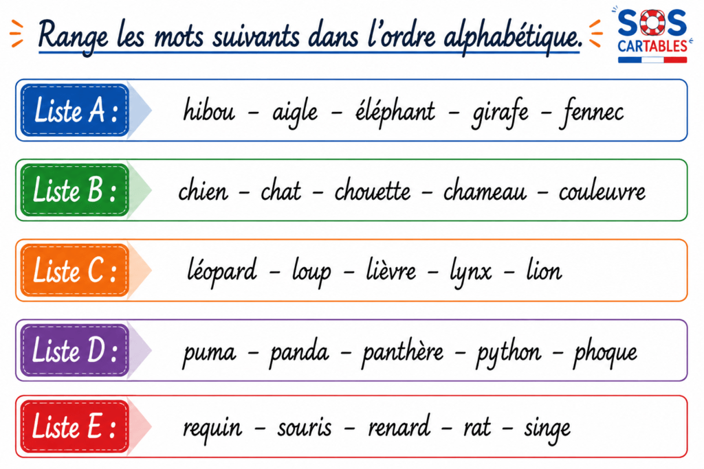 Exercice pour ranger des mots dans l'ordre alphabétique en CM1-CM2