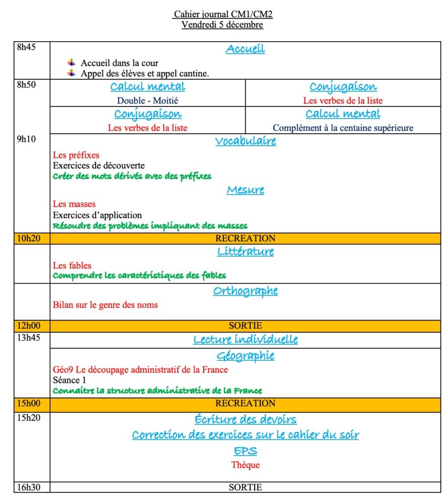 progression CM1 CM2 Semaine 12,cahier journal