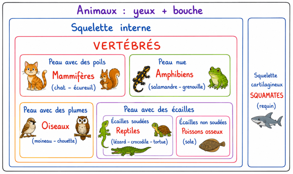 La classification par emboîtement CM1 CM2 : leçon et activité 3 Classification par emboîtement CM1 CM2 — exemple vertébrés écureuil sole lézard grenouille moineau