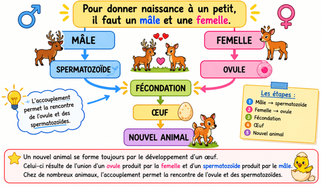 Schéma reproduction des animaux CM1 CM2 — ovule spermatozoïde fécondation embryon œuf