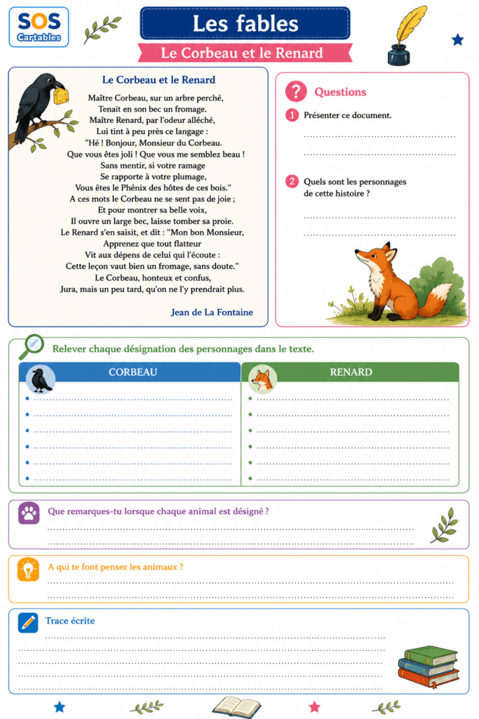 fiche questionnaire Le Corbeau et le Renard CM1 CM2