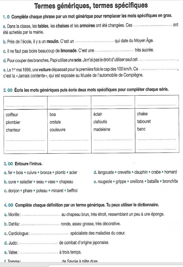V7 Exercices sur les termes spécifiques et génériques 3 Exercices termes génériques et termes spécifiques
