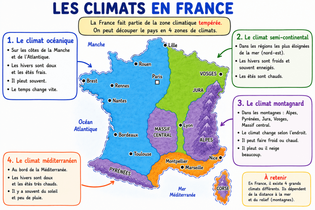 climat en France CM1 CM2,climat en France,climat océanique méditerranéen continental France,zones climatiques France géographie,climat méditerranéen,climat océanique,climat continental,climat montagnard