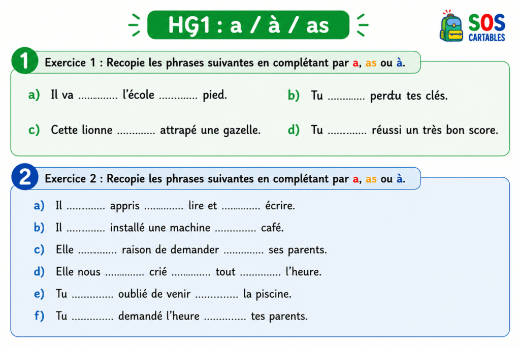 Homophones a-as-à : exercices d'application CM1 CM2 3 homophones a-as-à Série 1