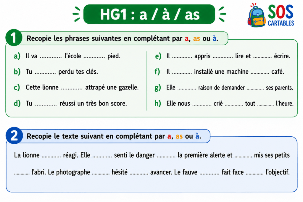 Homophones a-as-à : exercices d'application CM1 CM2 5 les homophones grammaticaux as-a-à