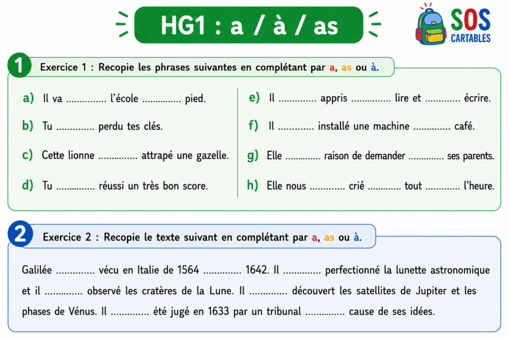 Homophones a-as-à : exercices d'application CM1 CM2 4 homophones a-as-à Série 2
