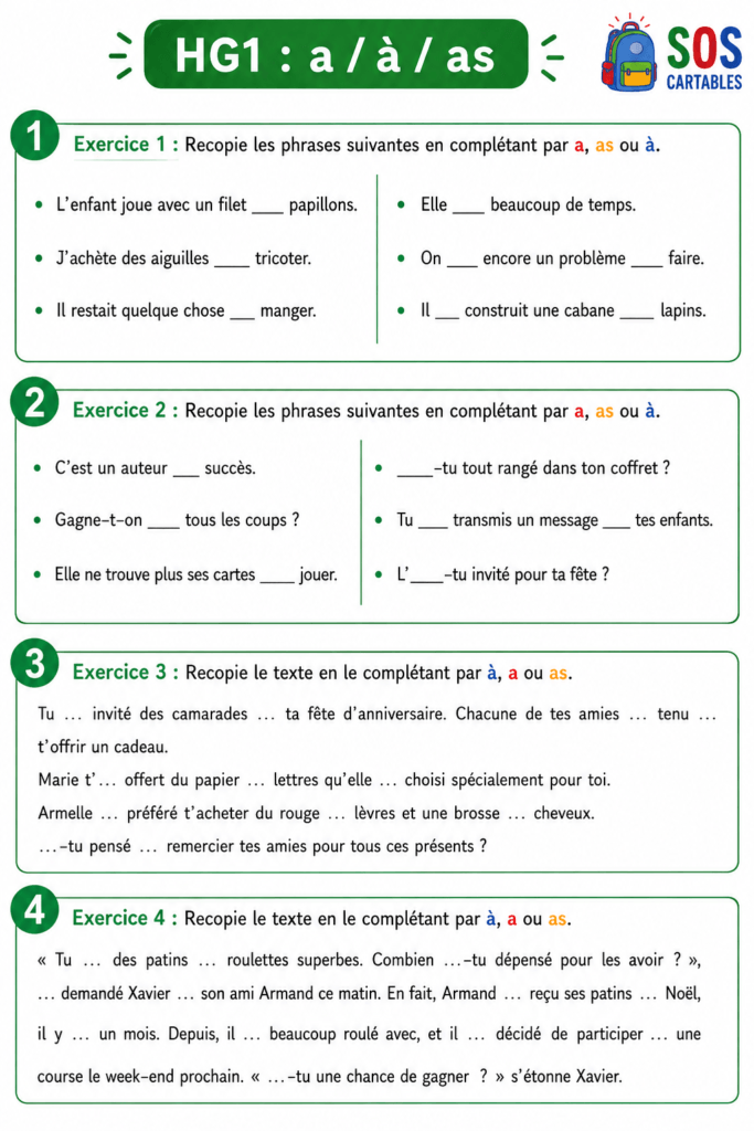 Homophones a-as-à : exercices d'application CM1 CM2 7 les homophones a-as-à