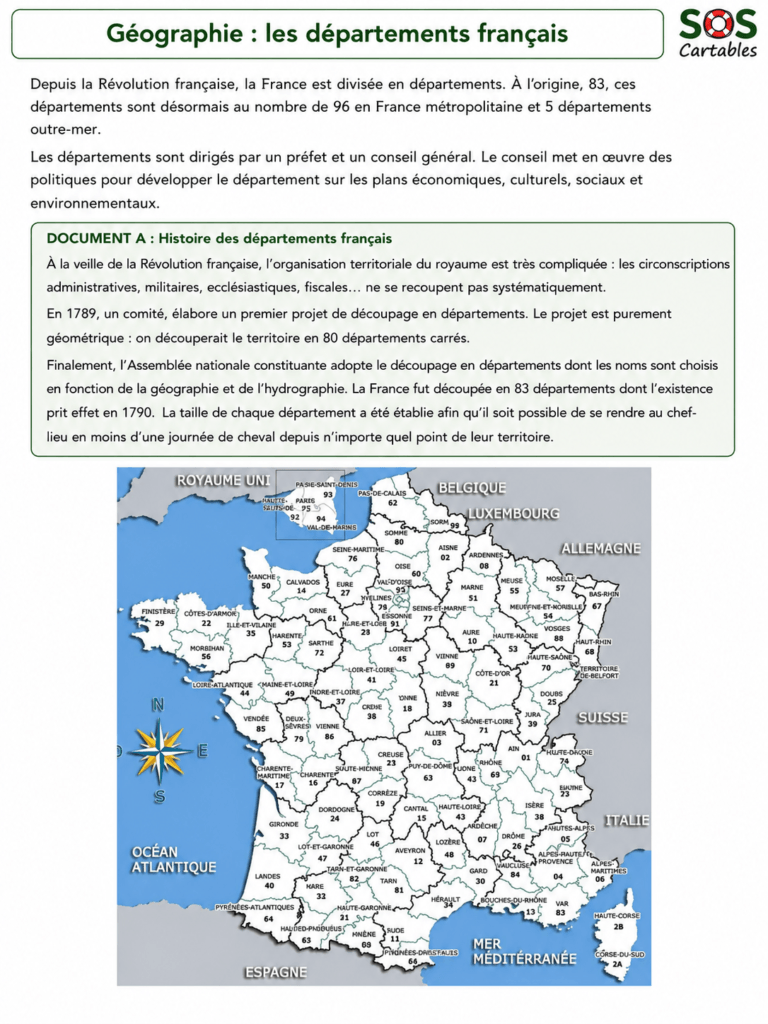 Fiche de leçon sur les départements français CM1 CM2