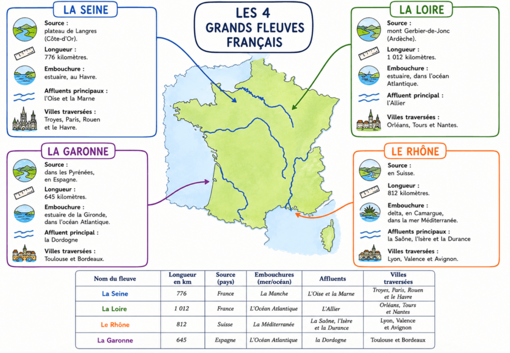 Les grands fleuves français CM1 CM2 : leçon complète et essentielle 3 Carte mentale : les grands fleuves français CM1 CM2