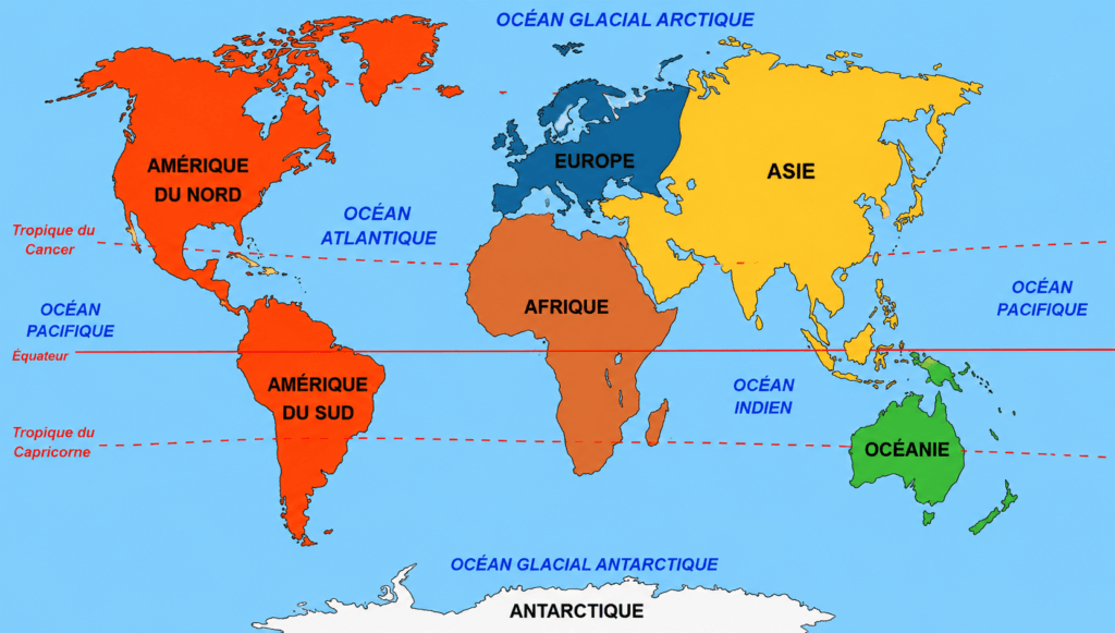 Carte des océans et des continents