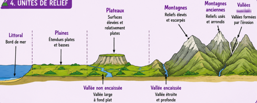 les différents types de relief - plaine plateau montagne - leçon géographie relief de la France CM1 CM2