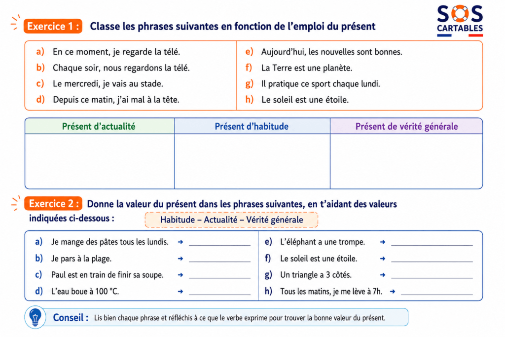 C4 Les valeurs du présent : approche et carte mentale 3 Exercices série 1 sur les valeurs du présent