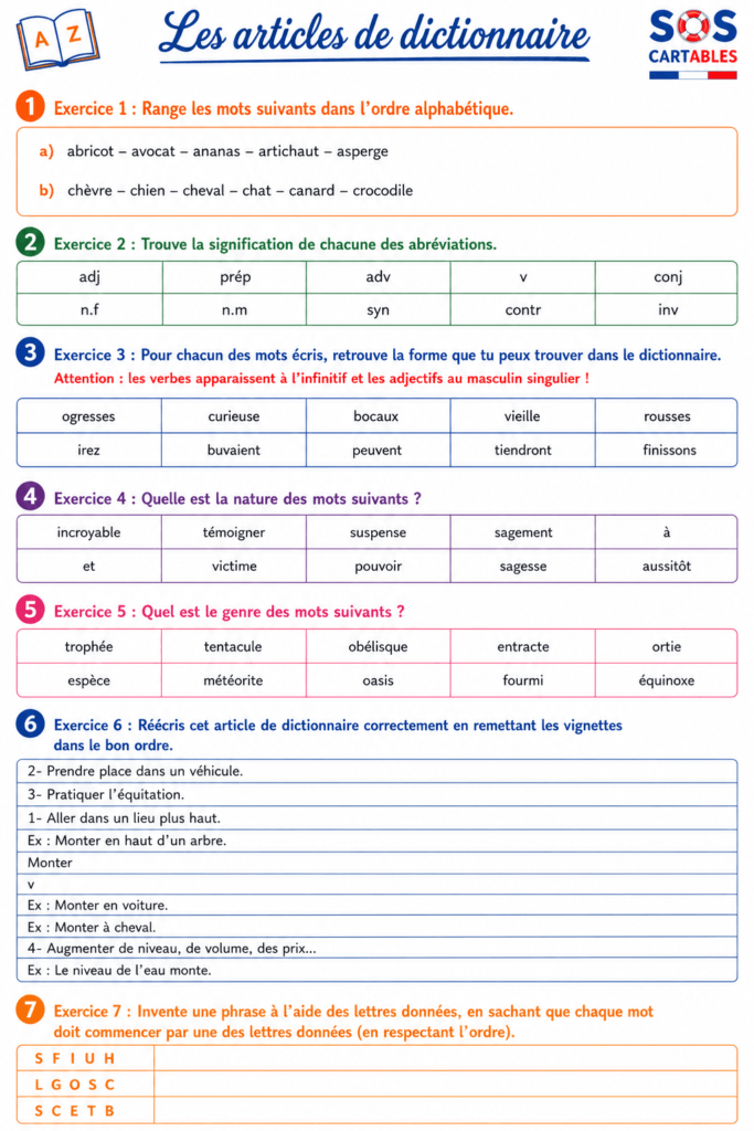 Lire et comprendre un article de dictionnaire CM1 CM2. Articles de dictionnaire