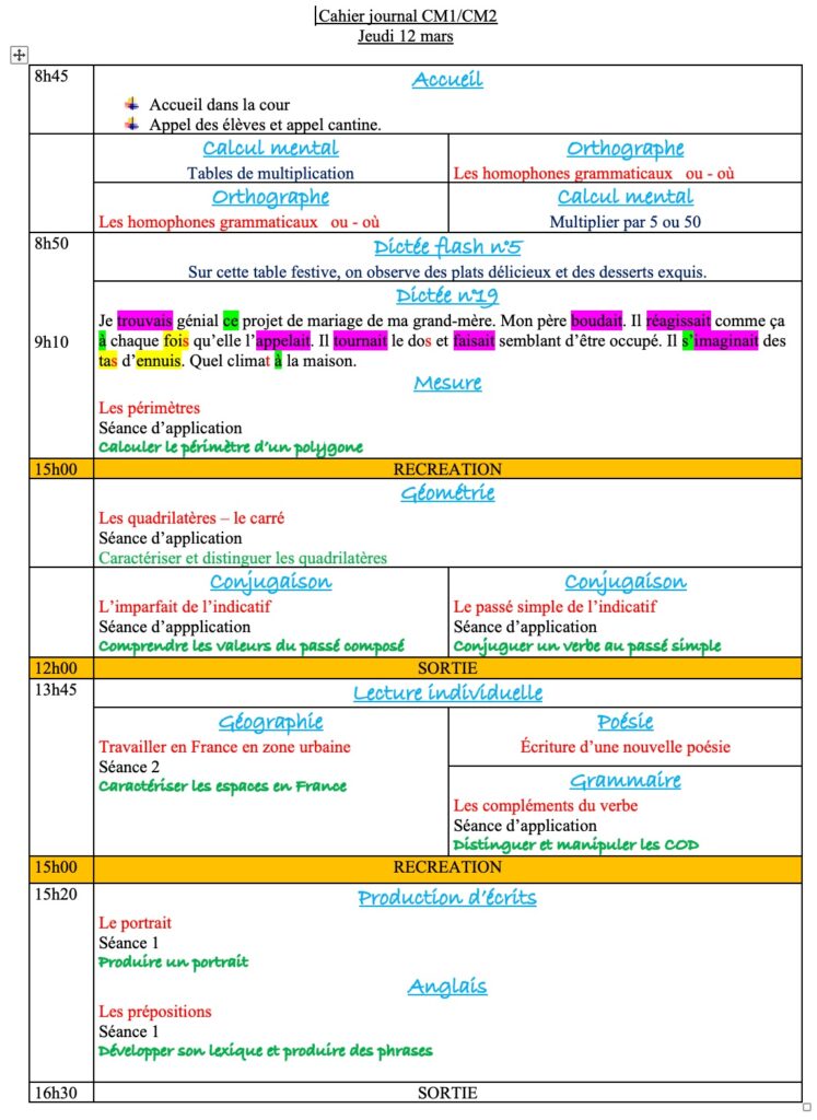 Jeudi 12 mars : progression CM1 CM2 Semaine 22